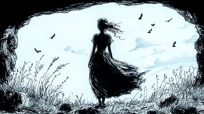 Dibujo en blanco y negro de María