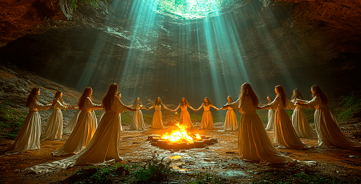 Imagen de las mujeres bailando en una cueva alrededor de una fogata