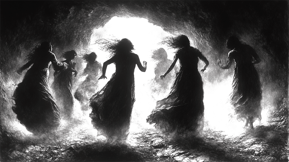 imagen en blanco y negro de varias mujeres bailando en un akelarre