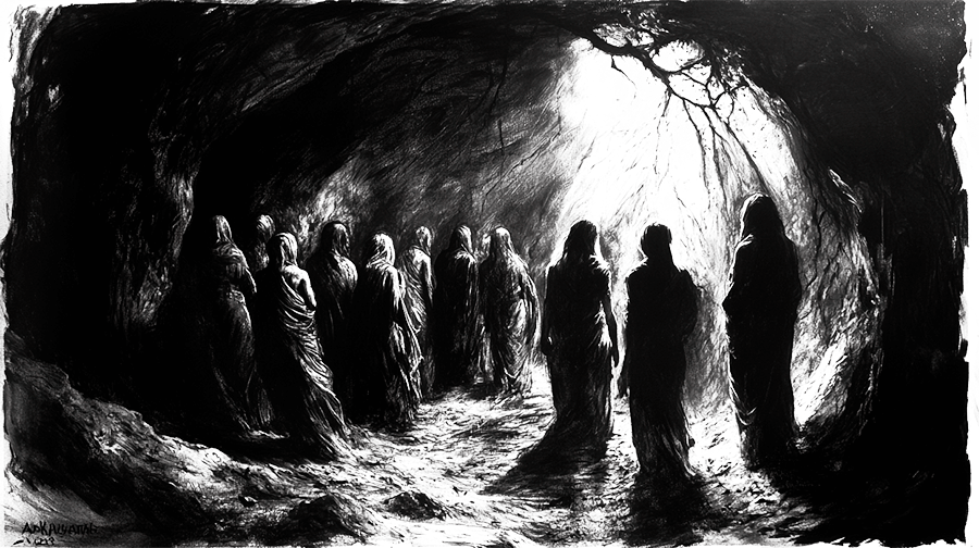 Ilustración de un akelarre en una cueva