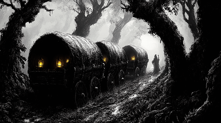 imagen de un María y sus compañeras de camino a Logroño en carromato. en un dibujo en blanco y negro